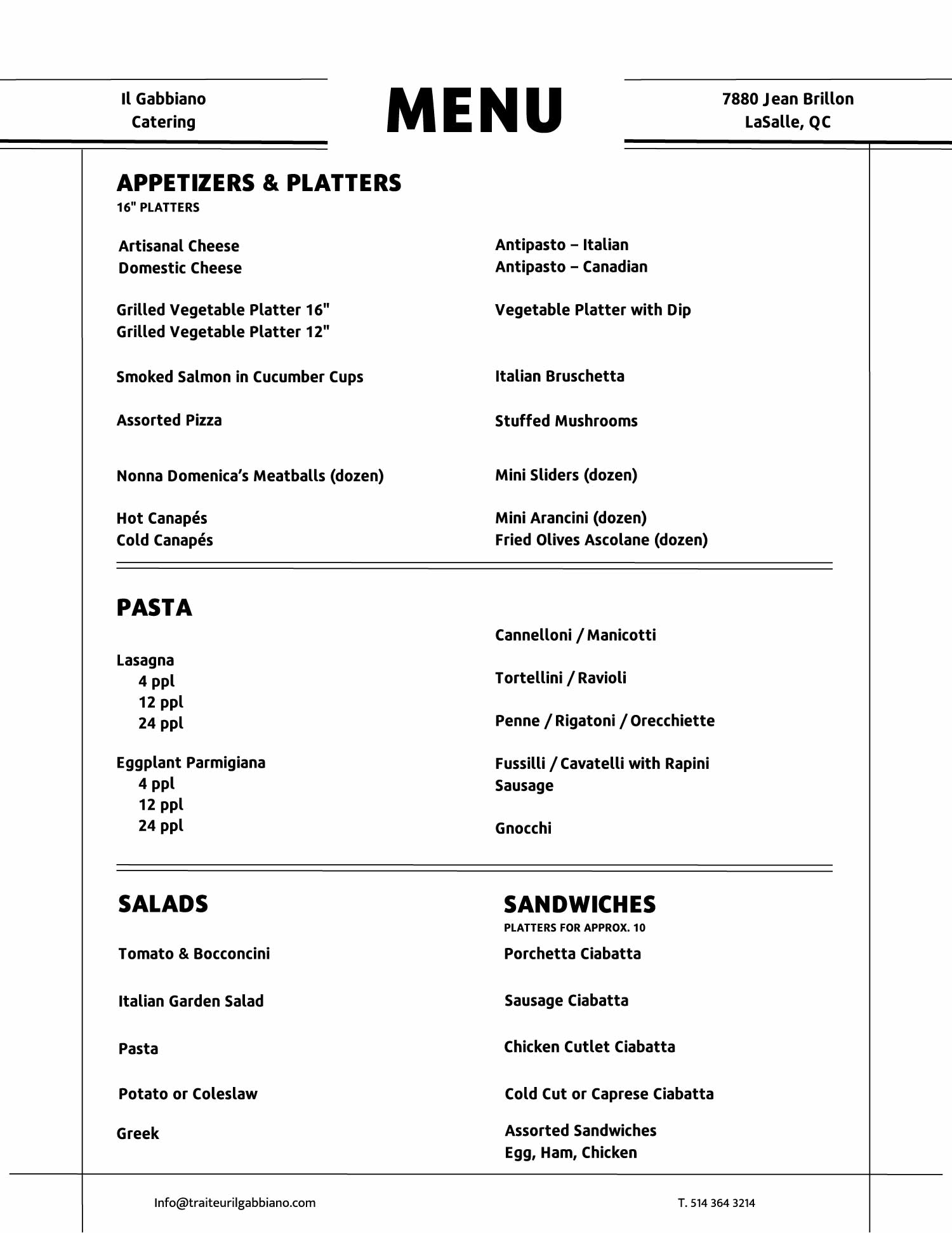 Il Gabbiano catering menu in English featuring classic dishes